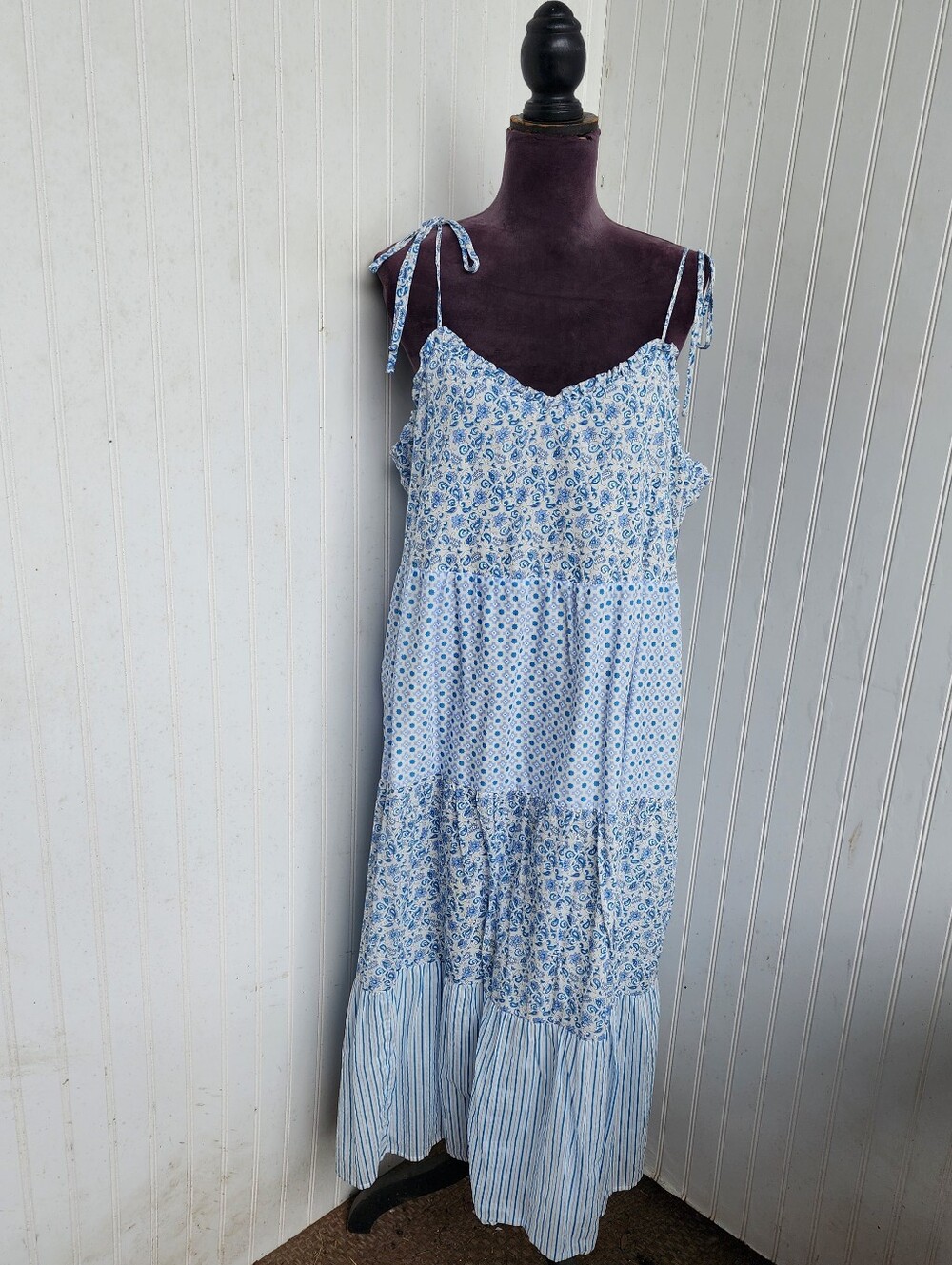 J. Crew Blue White Mixed Print Tiered Cotton Maxi Dress Paisley Striped Tie XL - Picture 2 of 15